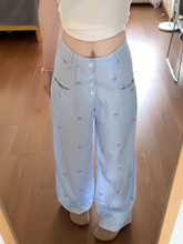 Blue Striped Wide Leg Bow Embroidery Pants